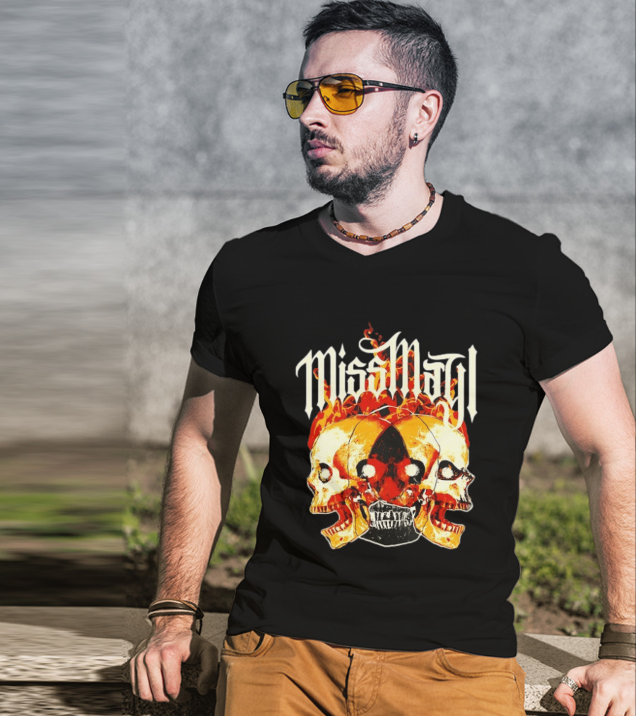 Miss May I Skulls And Fire Metalcore Band Triple Skull Flames T-Shirt