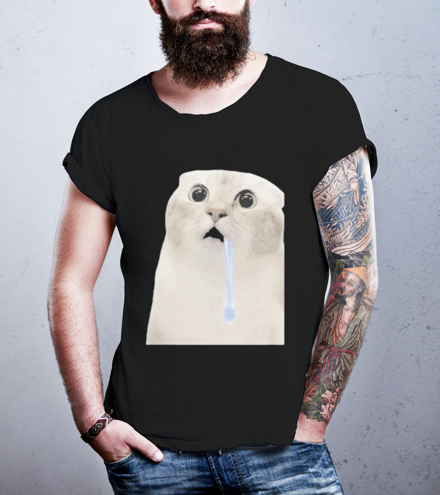 Wide Eyed Drooling Cat Meme Humor T-Shirt