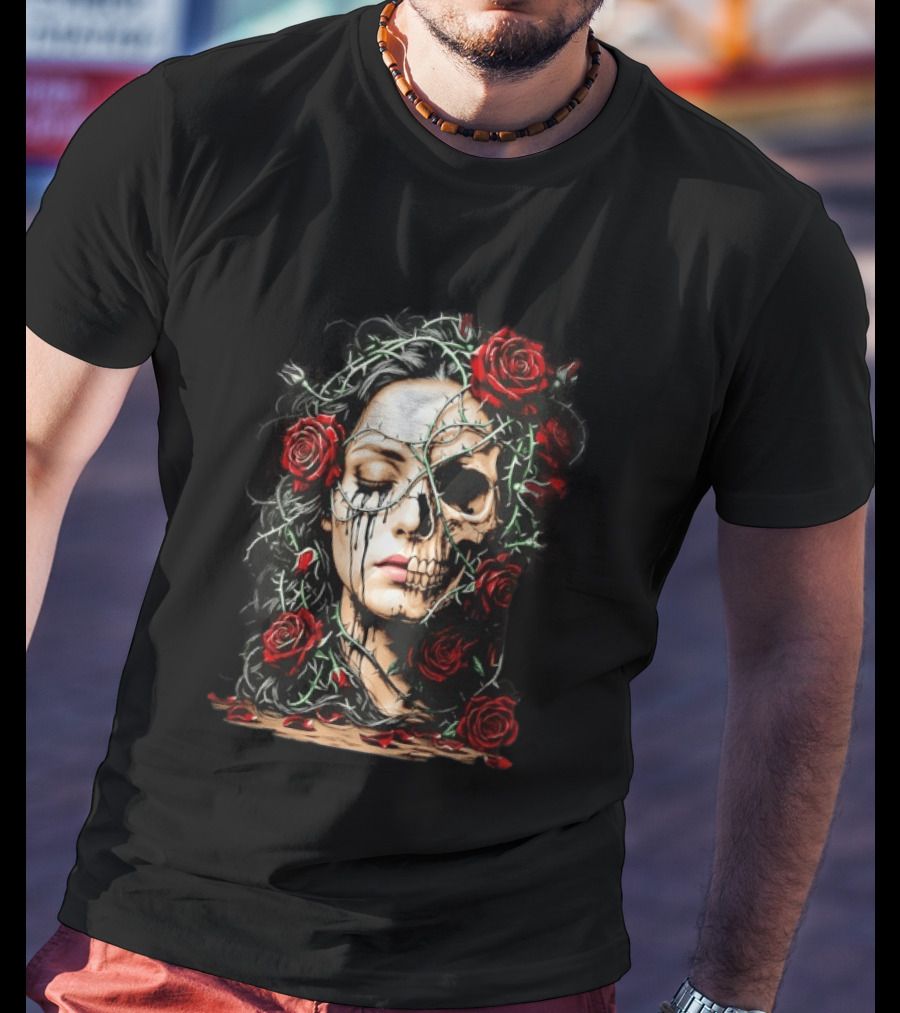 Eleventy Skull And Roses Gothic Heavy Metal Image With Thorns And Red Roses T-Shirt