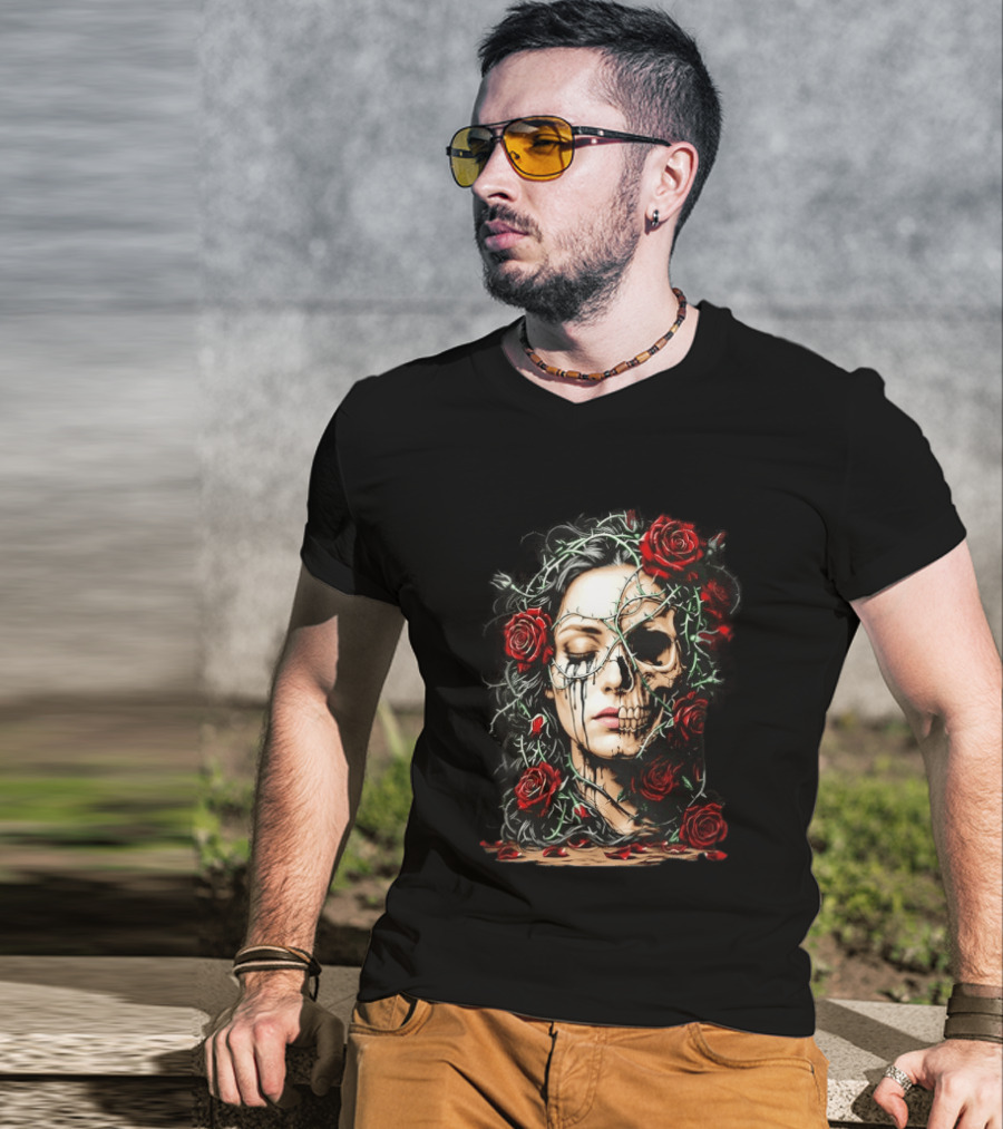 Eleventy Skull And Roses Gothic Heavy Metal Image With Thorns And Red Roses T-Shirt