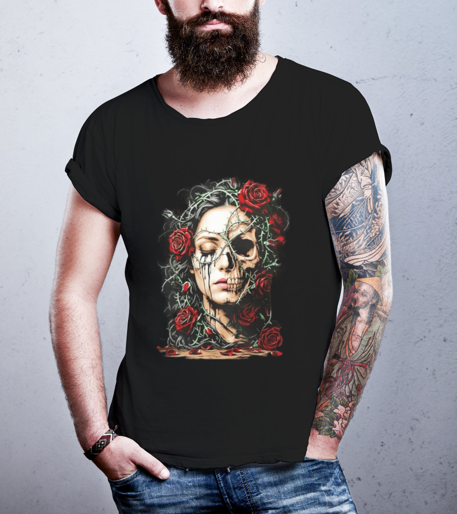 Eleventy Skull And Roses Gothic Heavy Metal Image With Thorns And Red Roses T-Shirt