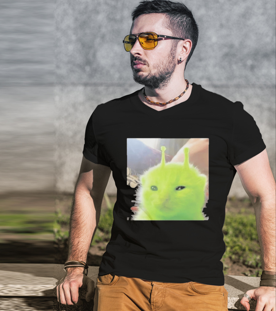 Glorp Alien Cat Winking Whimsical Green Feline With Antennae T-Shirt