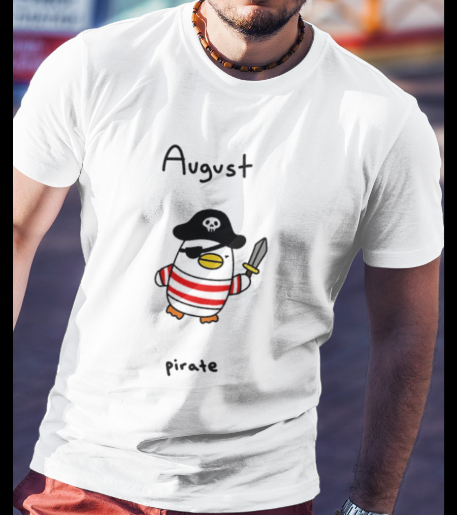 August Pirate Penguin Cartoon Striped Eyepatch Sword T-Shirt
