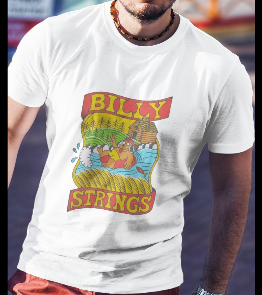 Billy Strings Tubing Bear Cabin Scene With Trees And Fish T-Shirt