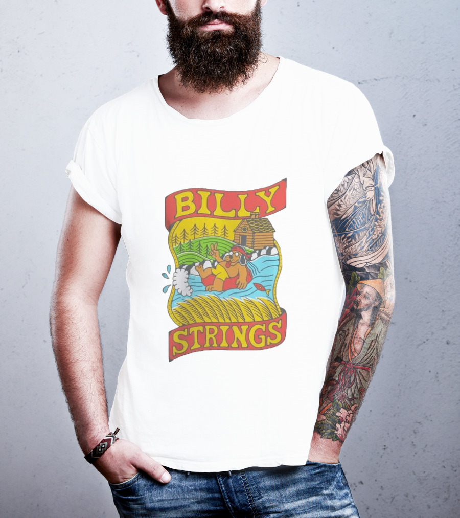 Billy Strings Tubing Bear Cabin Scene With Trees And Fish T-Shirt