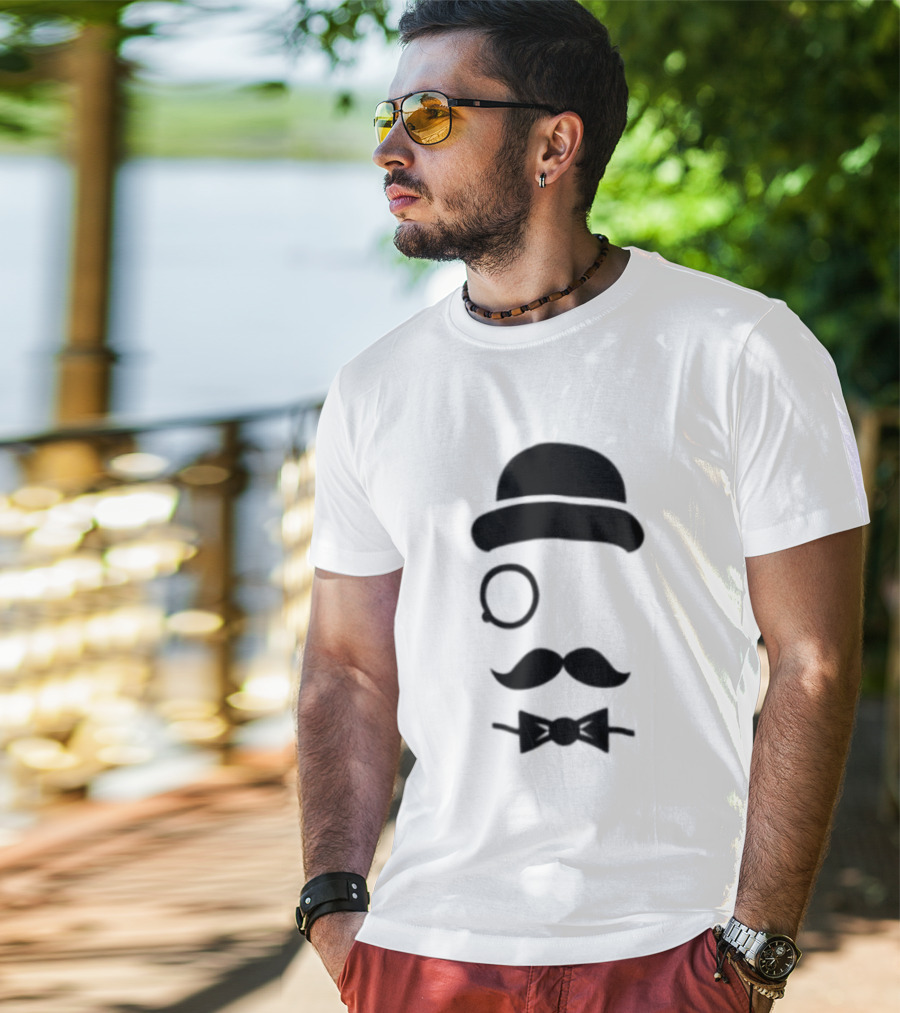 Bowler Hat Monocle Mustache Bow Tie T-Shirt