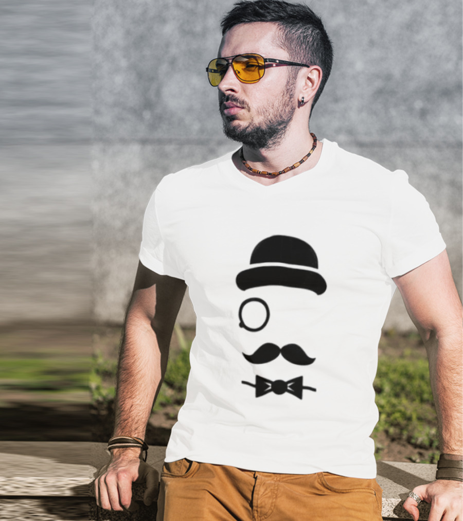 Bowler Hat Monocle Mustache Bow Tie T-Shirt