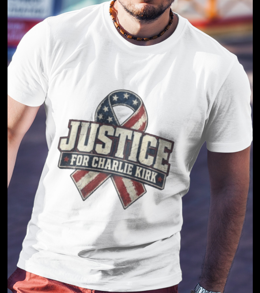 Justice For Charlie Kirk Distressed American Flag Ribbon T-Shirt