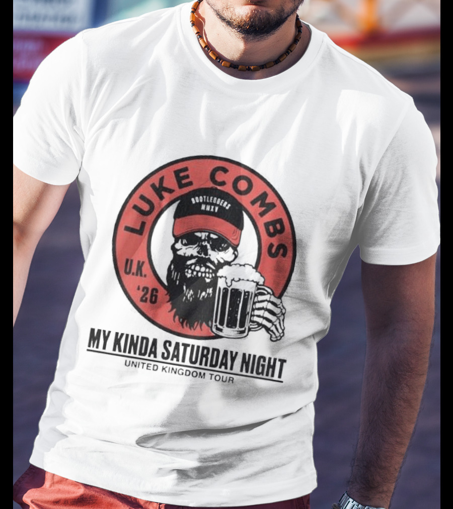 Luke Combs My Kinda Saturday Night UK Tour 2026 Pop Up Skeleton Holding Beer T-Shirt