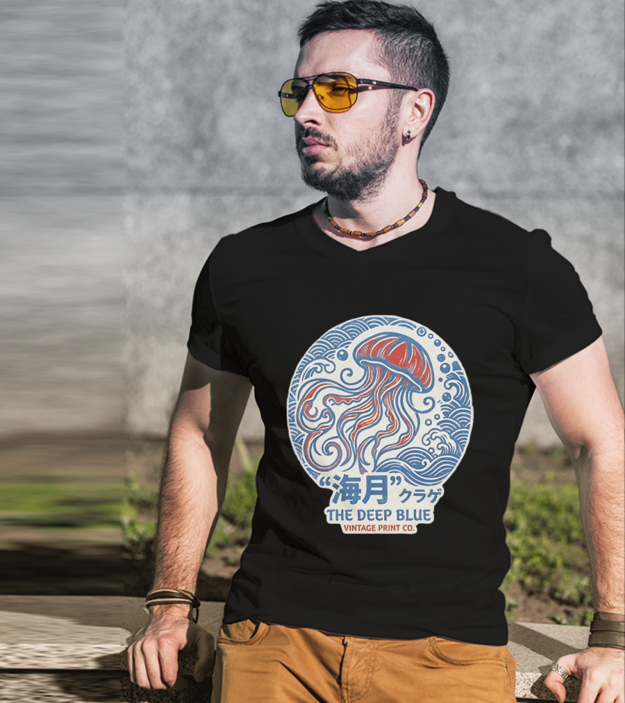 Vintage Print Co The Deep Blue Jellyfish Ocean T-Shirt