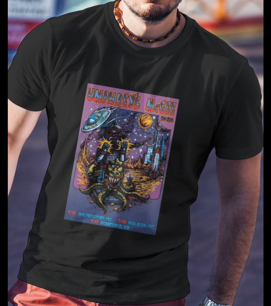 Umphrey's McGee 2026 Tour Dates With Sci Fi Art Featuring Space Monster And Robot In Roanoke VA T-Shirt