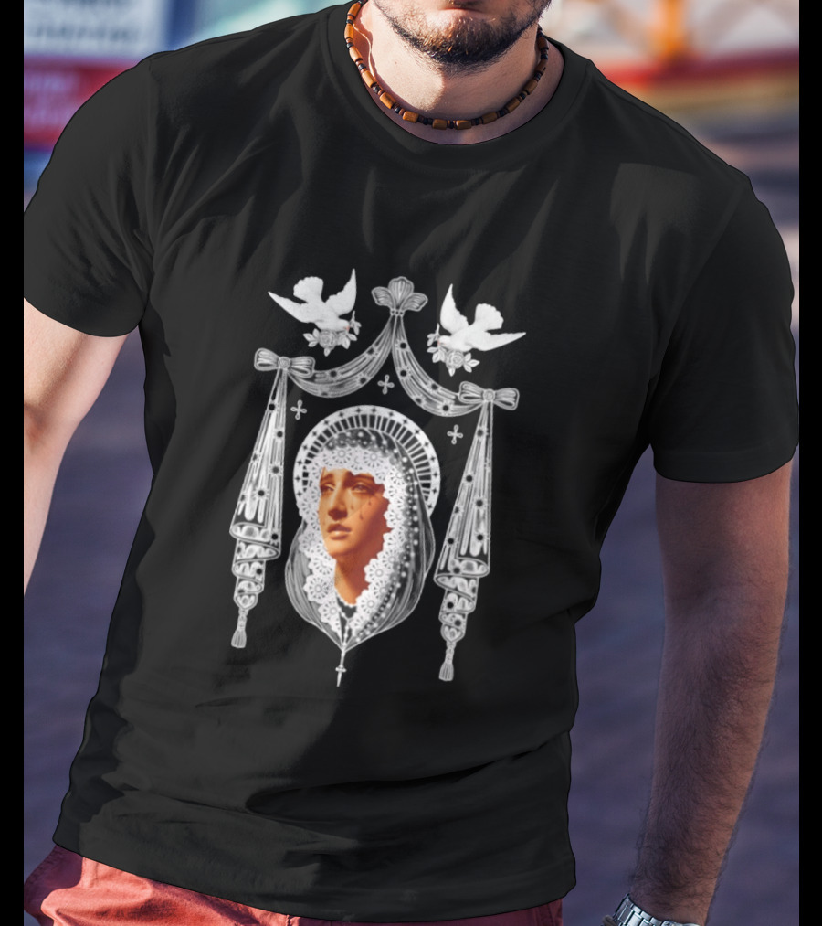 Weeping Virgin Mary Gothic Icon With Doves And Ornate Silver Details T-Shirt