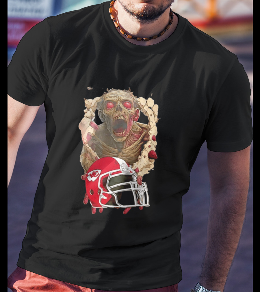 Zombie Kansas City Chiefs Helmet Halloween Scary Football Fan Spirit T-Shirt