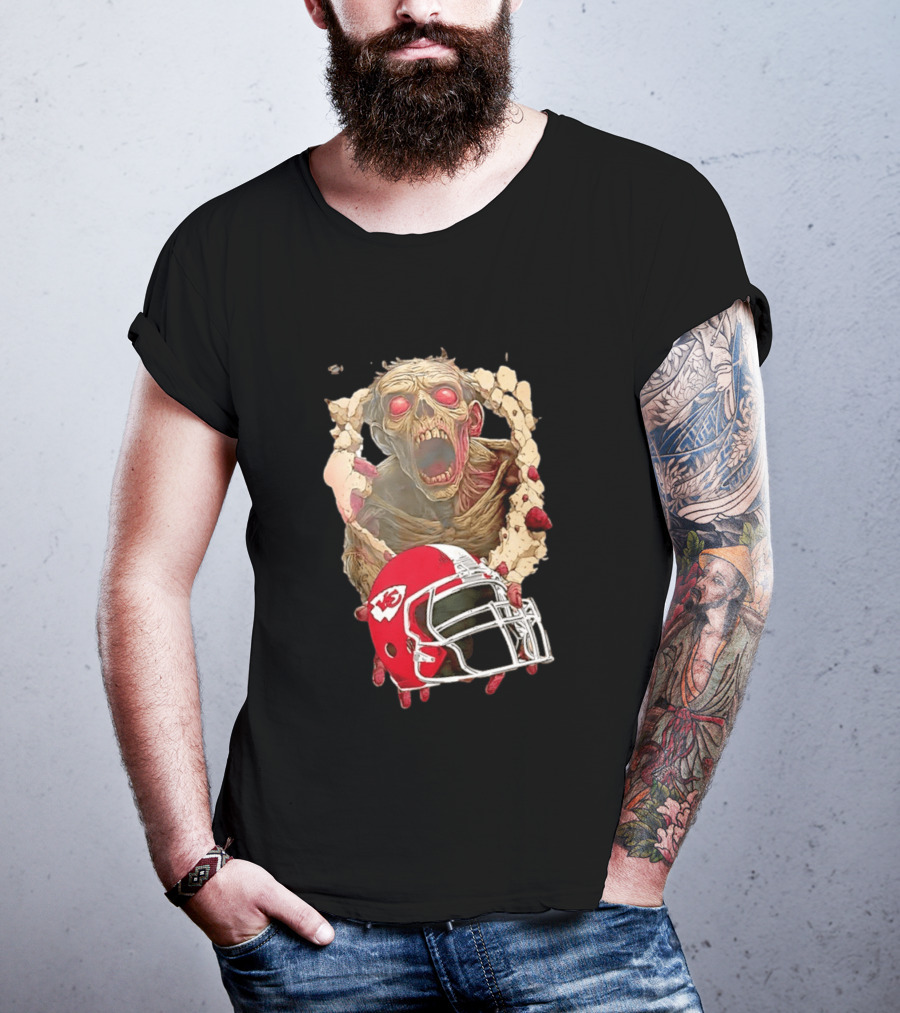 Zombie Kansas City Chiefs Helmet Halloween Scary Football Fan Spirit T-Shirt