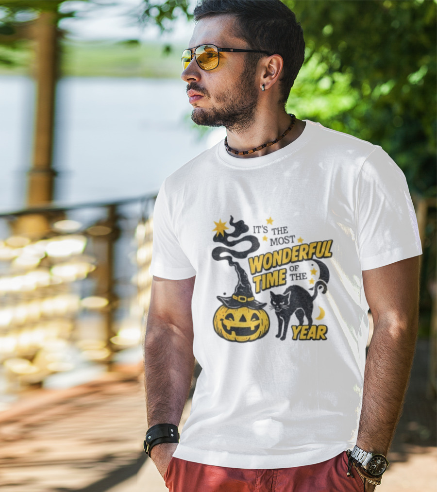 It's The Most Wonderful Time Of The Year Halloween Pumpkin Black Cat T-Shirt