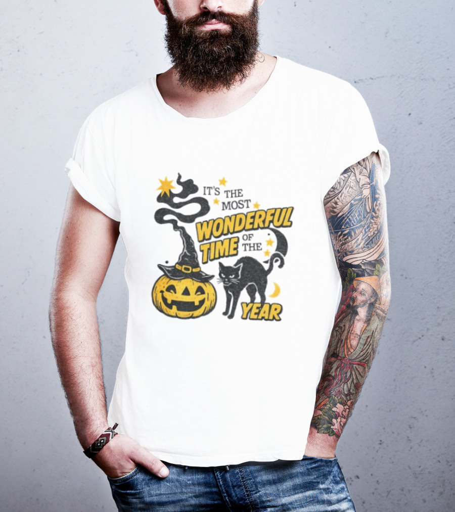 It's The Most Wonderful Time Of The Year Halloween Pumpkin Black Cat T-Shirt