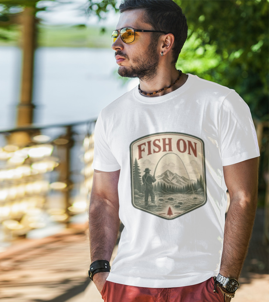 Fish On Fly Fishing Fisherman Mountain Landscape Adventure T-Shirt