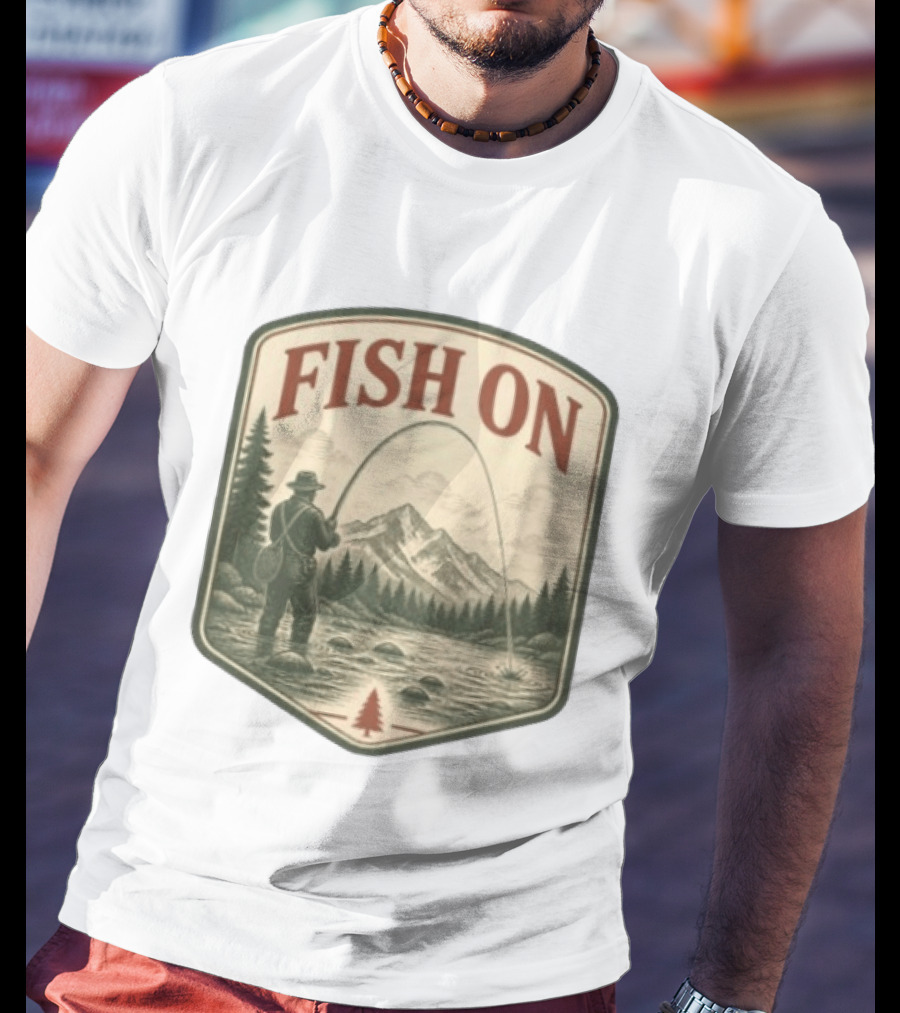 Fish On Fly Fishing Fisherman Mountain Landscape Adventure T-Shirt