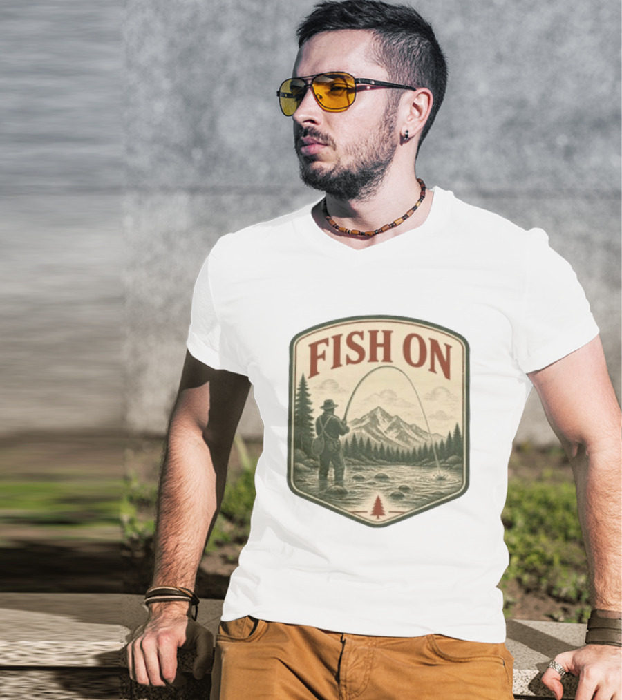 Fish On Fly Fishing Fisherman Mountain Landscape Adventure T-Shirt