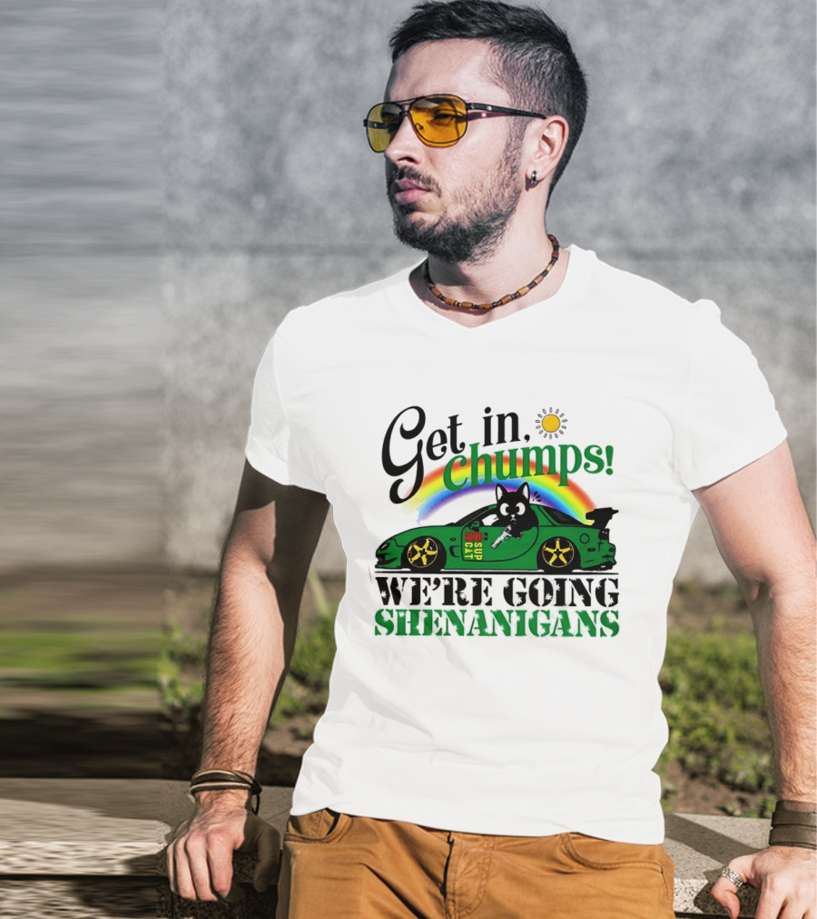 Get In Chumps Shenanigans Cat Driving Car Cartoon Rainbow Sun T-Shirt