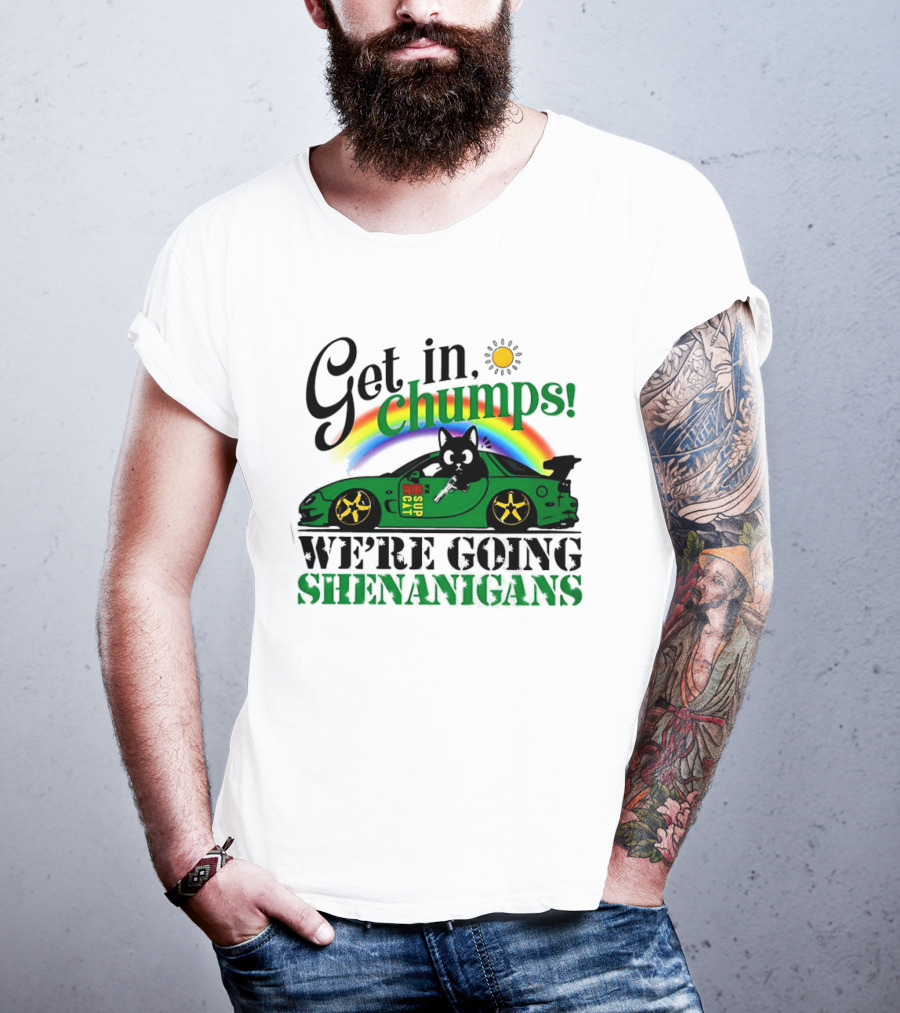 Get In Chumps Shenanigans Cat Driving Car Cartoon Rainbow Sun T-Shirt