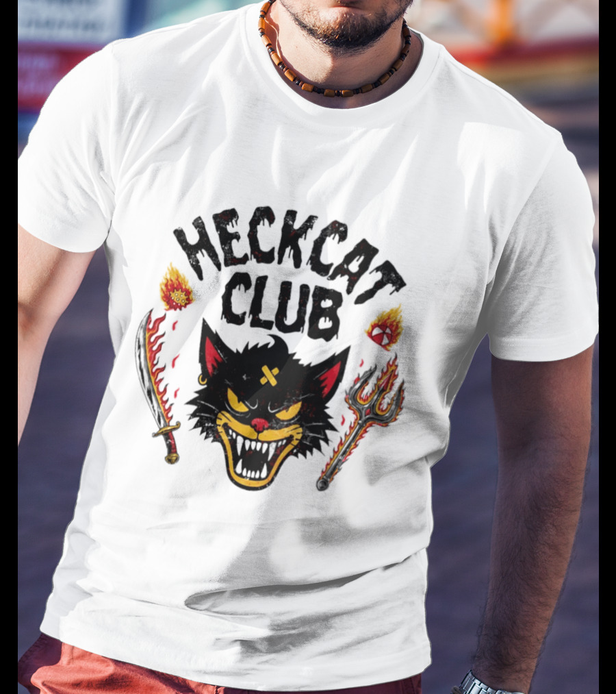 Heckcat Club Black Cat Sword Trident Flames T-Shirt