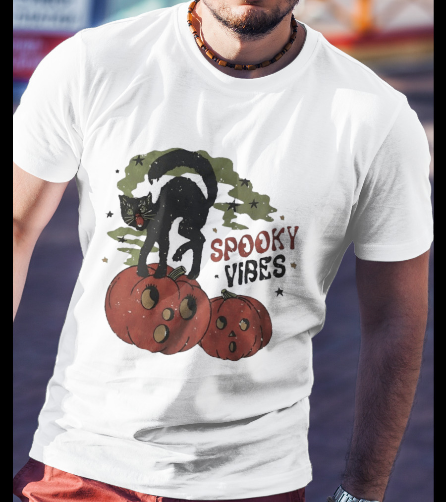Spooky Vibes Black Cat Pumpkins Halloween Cartoon Stars T-Shirt