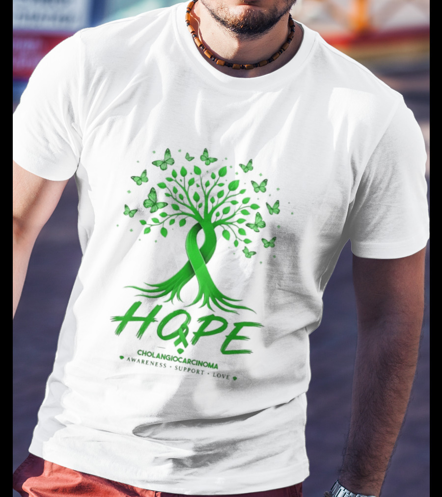Hope Tree With Butterflies Cholangiocarcinoma Awareness Support Love Ribbon T-Shirt