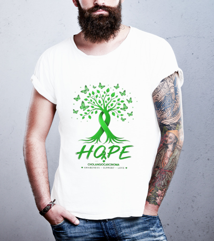 Hope Tree With Butterflies Cholangiocarcinoma Awareness Support Love Ribbon T-Shirt