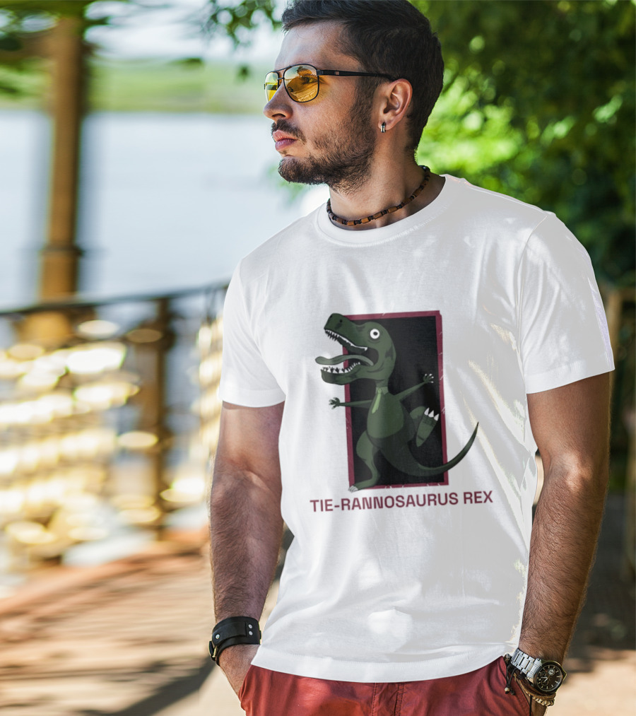 TIE RANNOSAURUS REX Dinosaur Humor Pun With Green Tie T-Shirt