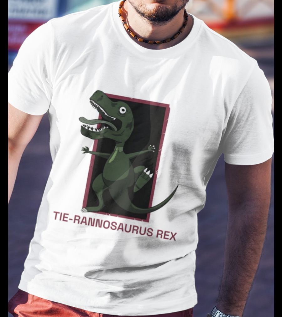 TIE RANNOSAURUS REX Dinosaur Humor Pun With Green Tie T-Shirt