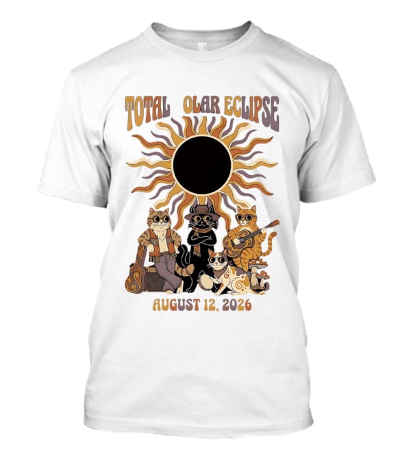Total Solar Eclipse August 12 2026 Cats Band With Instruments And Sunglasses T-Shirt