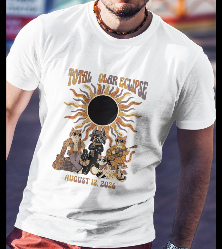 Total Solar Eclipse August 12 2026 Cats Band With Instruments And Sunglasses T-Shirt