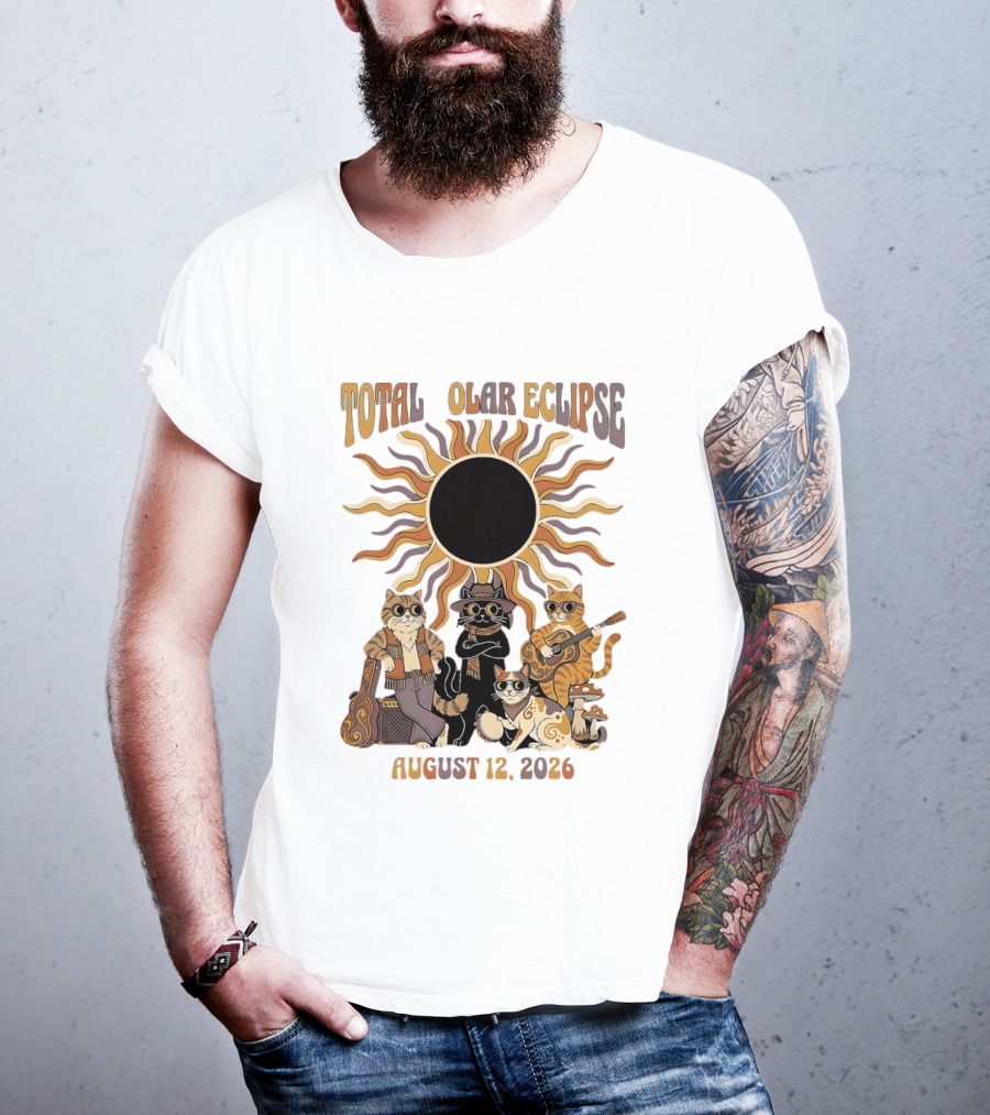 Total Solar Eclipse August 12 2026 Cats Band With Instruments And Sunglasses T-Shirt