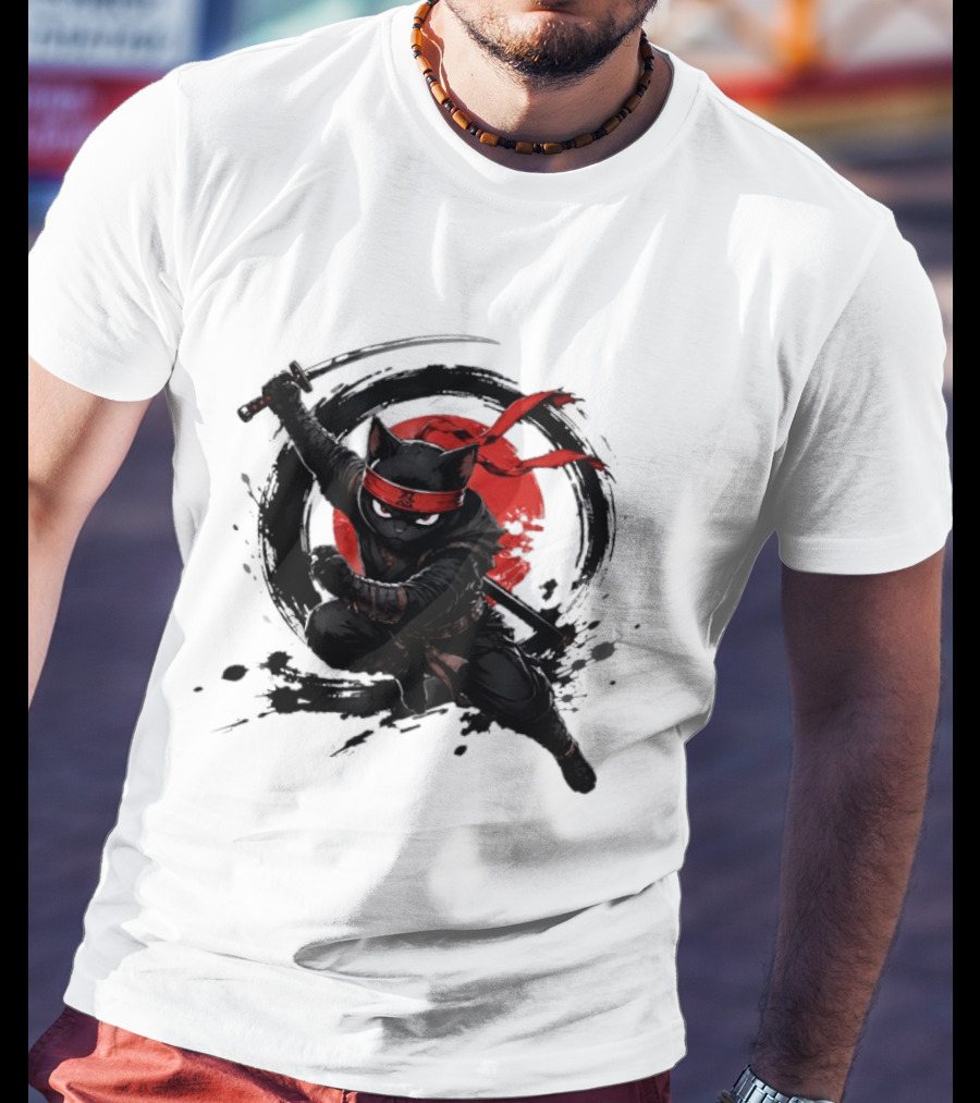 Ninja Cat Katana Warrior Red Rising Sun T-Shirt