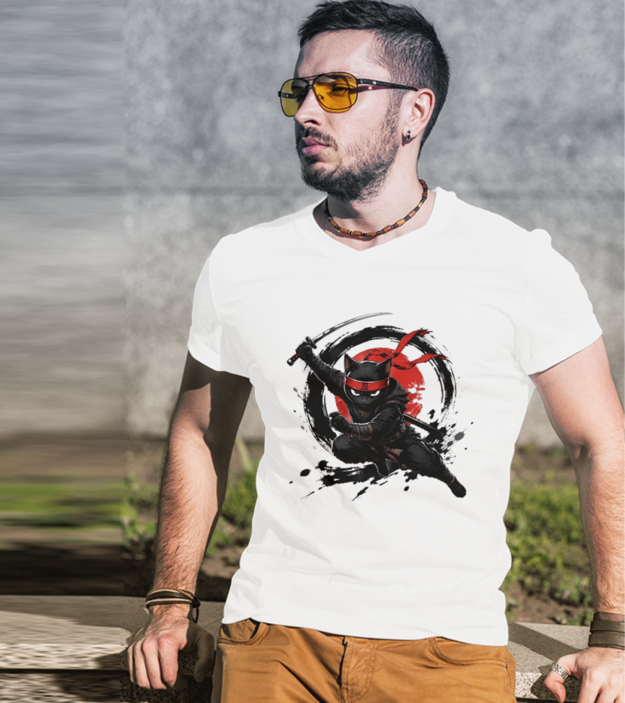 Ninja Cat Katana Warrior Red Rising Sun T-Shirt