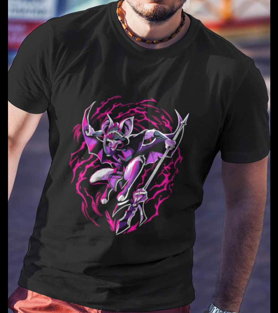 Thorne Bat Warrior With Spear Fantasy Purple Pink Swirl T-Shirt