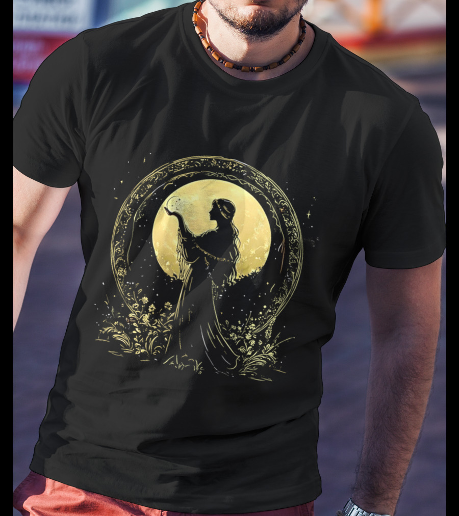Woman Holding Moon Crescent Celestial Golden Lunar T-Shirt