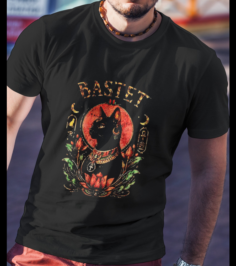 Bastet Cat Goddess Egyptian Symbolism With Ankh And Lotus T-Shirt