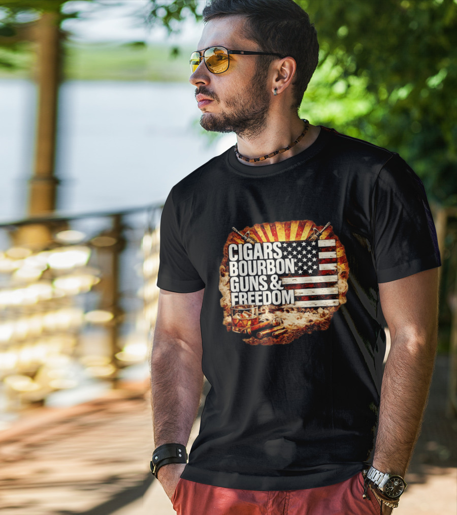 Cigars Bourbon Guns And Freedom American Flag Patriotic T-Shirt