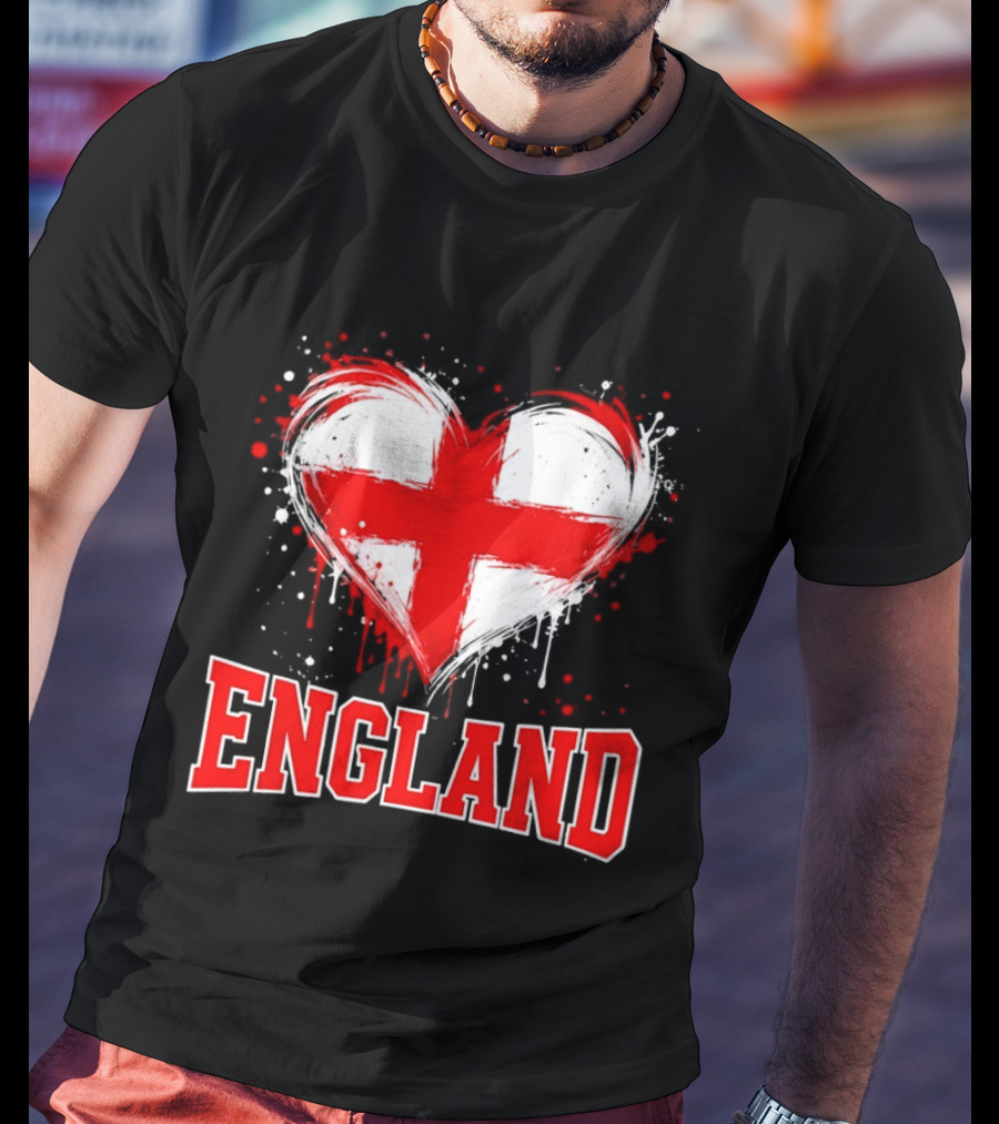 England Heart Flag Paint Splatter Red And White Cross T-Shirt