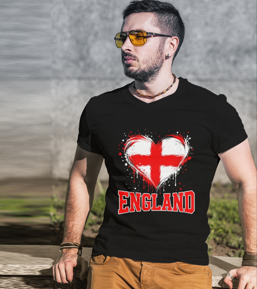 England Heart Flag Paint Splatter Red And White Cross T-Shirt