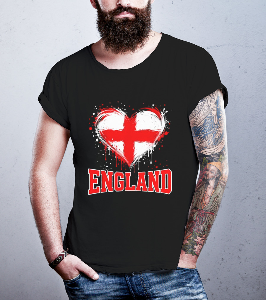 England Heart Flag Paint Splatter Red And White Cross T-Shirt
