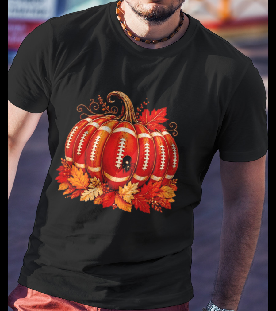 Football Pumpkin Spider Autumn Leaves Thanksgiving Decor T-Shirt
