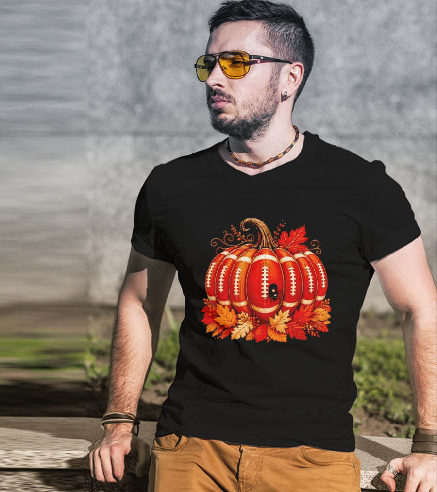 Football Pumpkin Spider Autumn Leaves Thanksgiving Decor T-Shirt