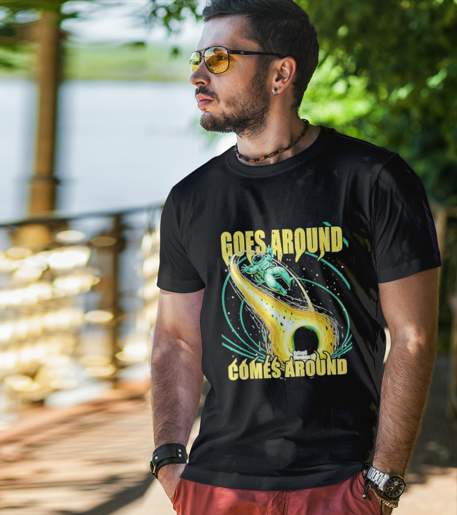 Goes Around Comes Around Astronaut Black Hole Space Adventure T-Shirt