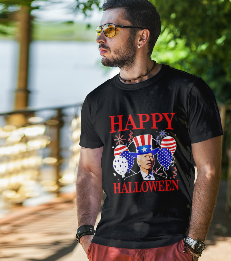 Happy Halloween Biden Uncle Sam Hat American Flag Balloons T-Shirt