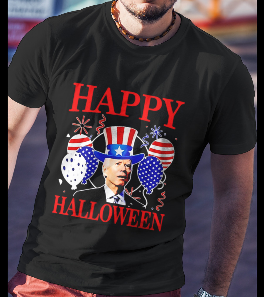 Happy Halloween Biden Uncle Sam Hat American Flag Balloons T-Shirt