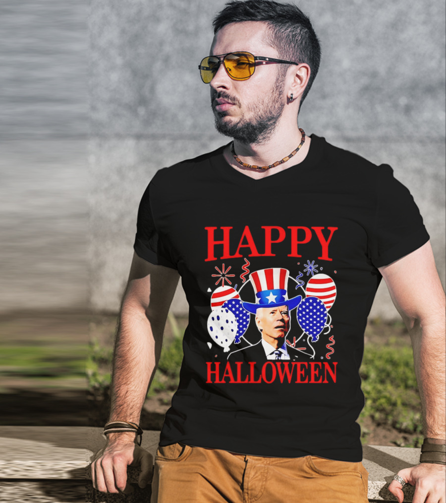 Happy Halloween Biden Uncle Sam Hat American Flag Balloons T-Shirt
