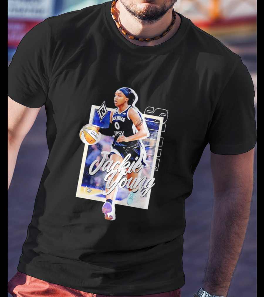 Jackie Young Las Vegas Aces Number 0 Dribbling Action With Wilson Basketball And Lids Headband T-Shirt